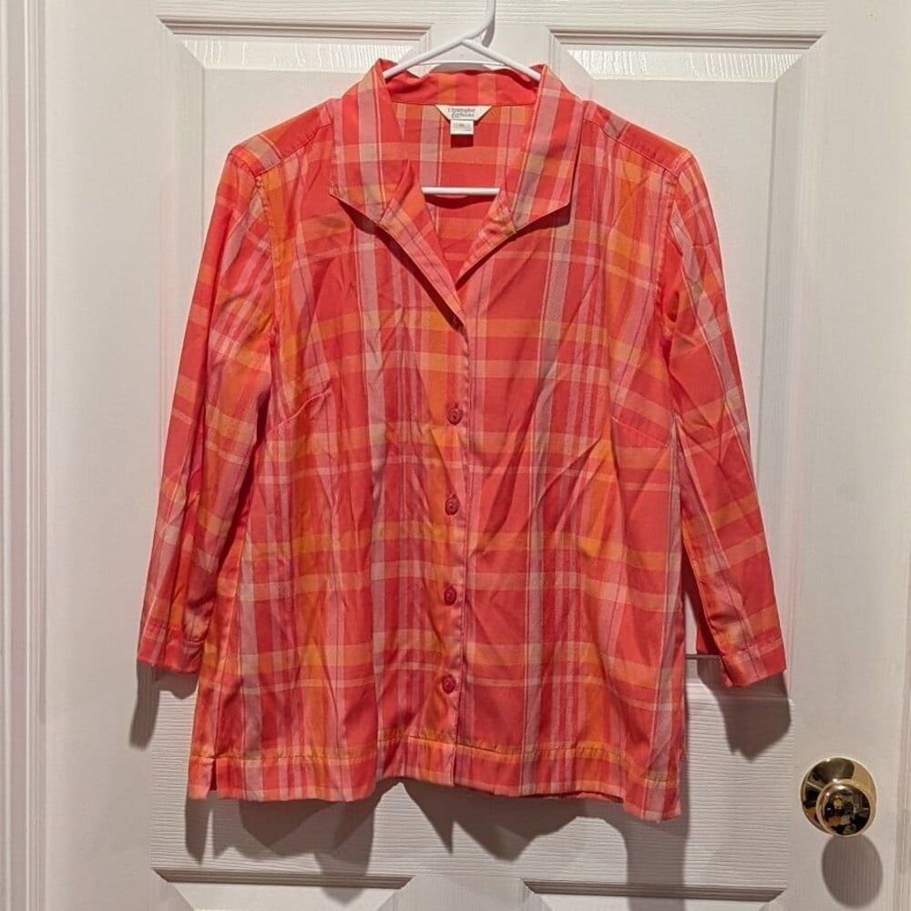 Christopher & Banks‎ Size Medium Pink & Orange Plaid 3/4 sleeve Button Up Blouse